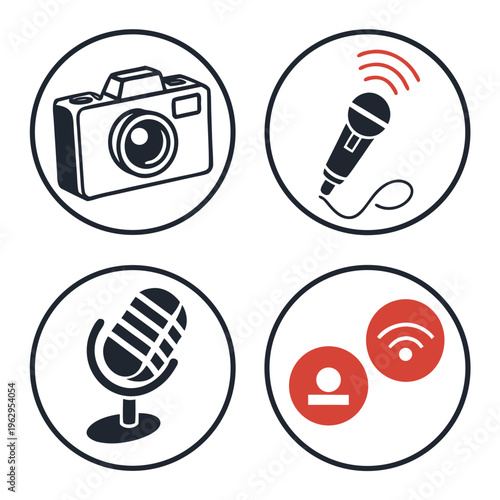 Icons of camera and microphones with wireless signals