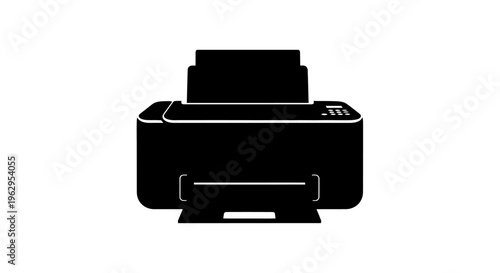 Black printer icon with white outline on clean white background for printing and office concepts
