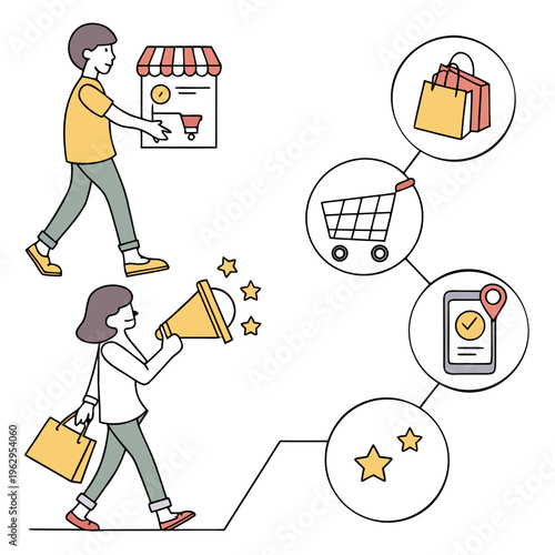 People shopping with online shopping icons
