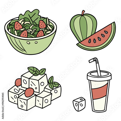 A colorful cartoon illustration of healthy food and drink
