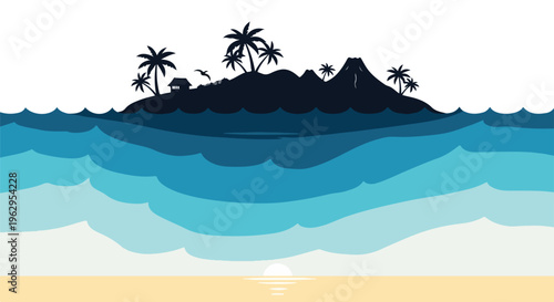 A stylized island scene with ocean waves, palm trees, and a sunset