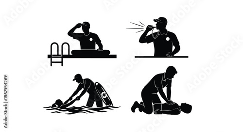 A comprehensive vector graphic illustration set showcasing essential lifeguard duties and vital first responder actions.
