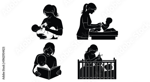 Mother performing essential daily care tasks for an infant including feeding changing and bedtime routine