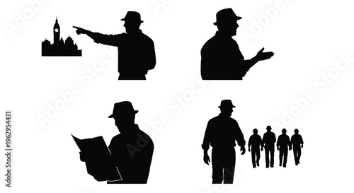 Collection of vintage traveler silhouettes engaging in various tourist activities around London landmarks