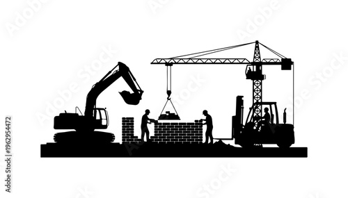 Construction Site with Heavy Machinery and Workers