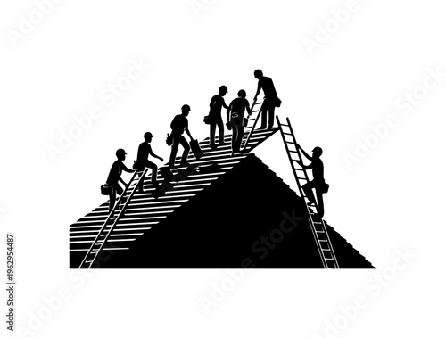 Team Climbing Together on Mountain Ladder