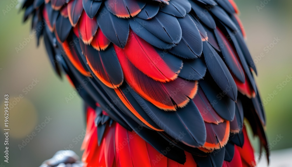 Fototapeta premium The image features a close up view of a bird's plumage, showcasing an intricate pattern of feathers in vibrant shades of red, orange, and dark blue
