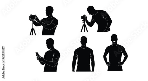 Vector illustration set featuring diverse male figure silhouettes performing different actions with modern devices