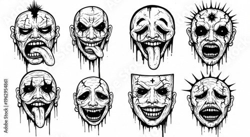 Urban Graffiti Distorted Faces and Masks Vector Illustration Sheet in Black Ink Grunge Punk Street Art Style