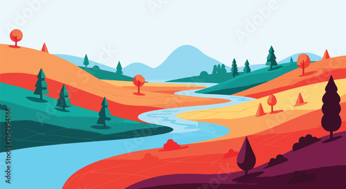 Fotografia A stylized landscape featuring a river winding through hills