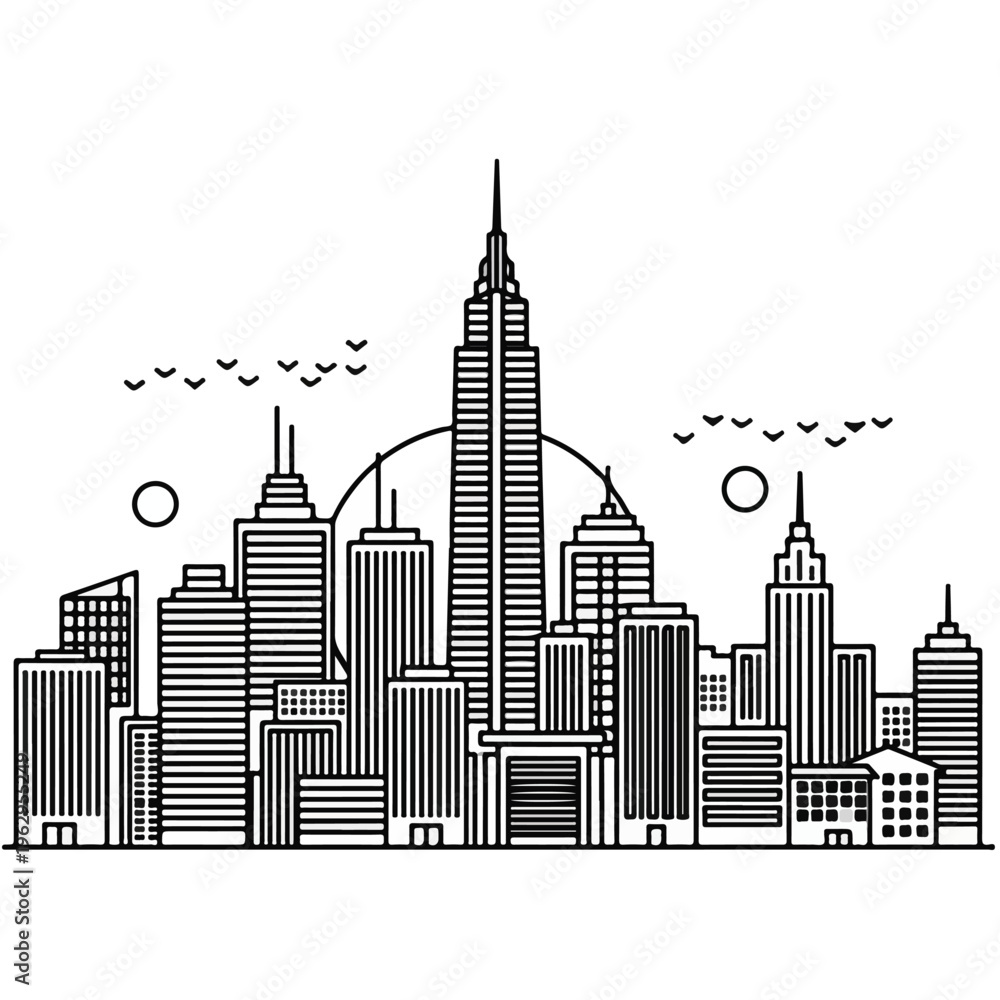 Fototapeta premium A stylized black and white skyline with prominent towers