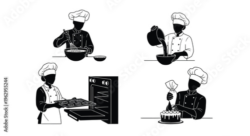Collection of four black and white vector illustrations depicting chefs performing various essential cooking and baking preparation tasks