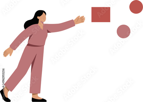 Woman in pink outfit throwing red shapes in air with right hand outdoors