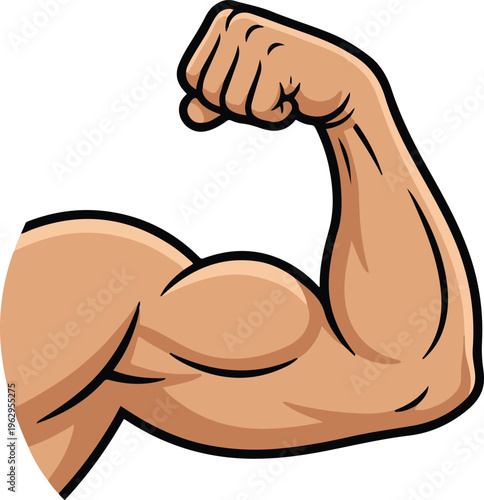 Cartoon muscular arm flexing bicep, fitness and strength illustration, strong arm clipart