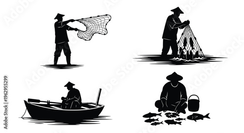 Collection of vector graphic illustrations depicting traditional Asian fishermen engaging in various fishing activities