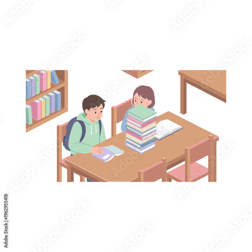 Students sitting at a desk with books in a classroom setting indoors