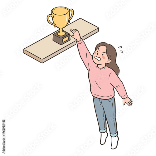 A girl reaches for a trophy on a floating board with excitement.