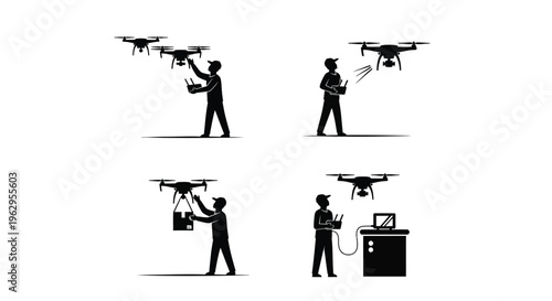 Silhouette vector illustration set depicting various human interactions and applications of drone technology.