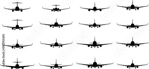 Collection of various airplanes in flight silhouettes