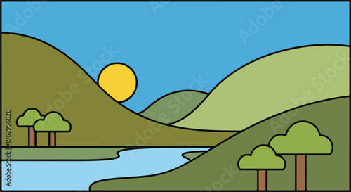 A stylized landscape illustration with hills, sun, river, and trees