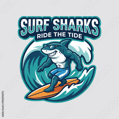 A cool shark character surfing on a wave while wearing sunglasses, embracing the fun and excitement of surf culture in a vibrant and playful illustration.
