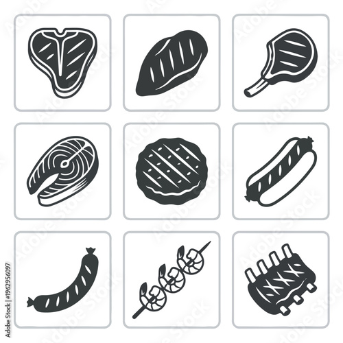 Grilled Meat Food Icons Set.