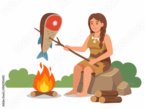 A primitive scene showcasing a caveman sitting by a campfire skewering a fish, highlighting a survival moment in nature that reflects human history and outdoor lifestyle.