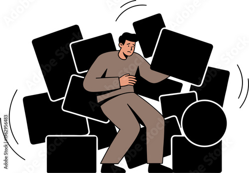 A man sits on boxes in a chaotic pile with emotion.