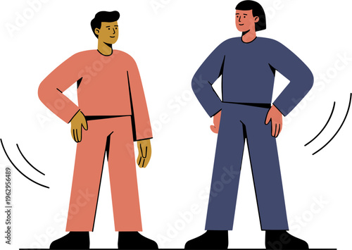 Two men standing confidently facing each other in discussion