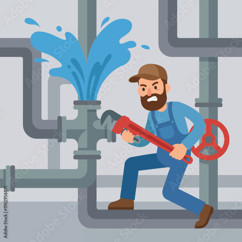 This image portrays a plumber in action, using a wrench amidst an emergency plumbing issue, symbolizing problem-solving, craftsmanship, and the importance of maintenance.