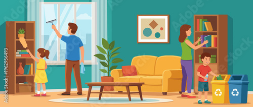 This illustration features a joyful family tidying up their bright and colorful living room, highlighting cooperation and family bonding during cleanup activities.