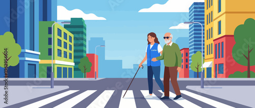 A warm illustration depicting a volunteer assisting an elderly person across the street highlights the importance of community support and caring relationships among people.