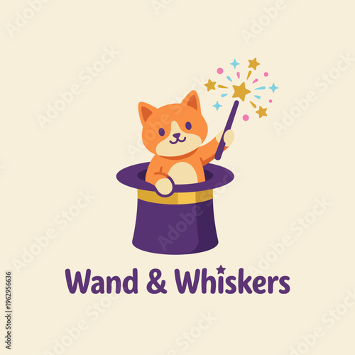 A charming illustration of a playful cat emerging from a magician's hat, holding a magic wand with colorful sparkles, embodying whimsy and enchantment in design.