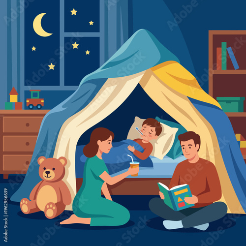 A cozy bedtime scene depicting a parent reading to a child in a tent-like fort, creating a warm atmosphere of comfort, imagination, and quality family bonding time.