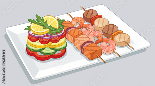 A mouth-watering illustration of grilled kebabs paired with fresh vegetables, showcasing an enticing culinary experience that highlights the joy of food presentation and flavor.