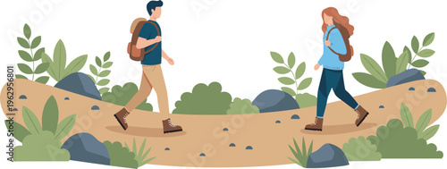 Couple Hiking On Forest Trail With Backpacks And Professional Gear For Outdoor Adventure Summer Vacation Active Lifestyle Nature Exploration And Healthy Tourism Flat Illustration