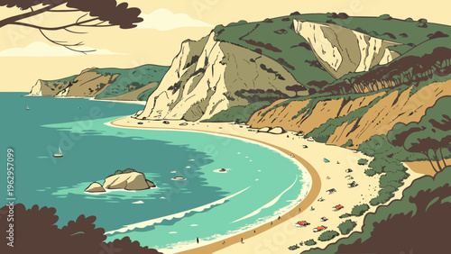 Sunny Mediterranean Beach with Cliffs Spain Summer Tourism Flat Vector