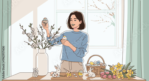 A woman in a blue shirt arranges flowers on a table with a vase, basket, and Easter-themed decorations by a window with green curtains.