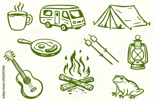 Set of hand-drawn camping icons featuring a camper van, tent, campfire, guitar, and lantern for outdoor adventure concepts, camping, adventure, outdoor, travel, nature, vector, icon, campfire
