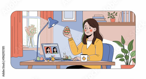 A woman in a yellow sweater sits at a desk with a laptop and mug, eating a snack in a home office setting with a video call on the screen.