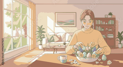 Woman decorating Easter eggs at a table with a bowl of eggs and flowers in a cozy living room with natural light.