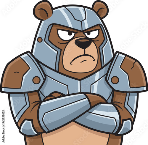 Grumpy grizzly bear warrior mascot wearing silver metal armor suit with crossed arms cartoon character illustration for gaming logo and fantasy esport design