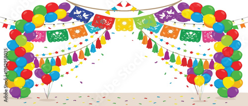 Web Cinco de Mayo Party Decoration Banner Background - Mexican Fiesta Papel Picado Flags, Colorful Balloon Arch, and Hanging Tassels Isolated on White