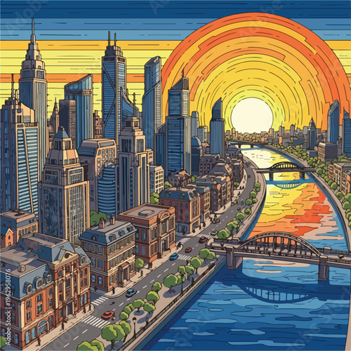 A stylized cityscape, featuring skyscrapers, river, bridges, and a rising sun