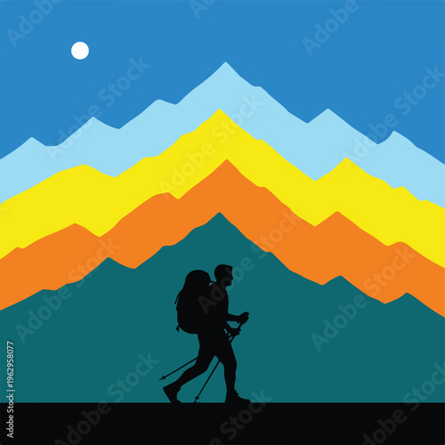 A silhouette of a person hiking in the mountains under a moon