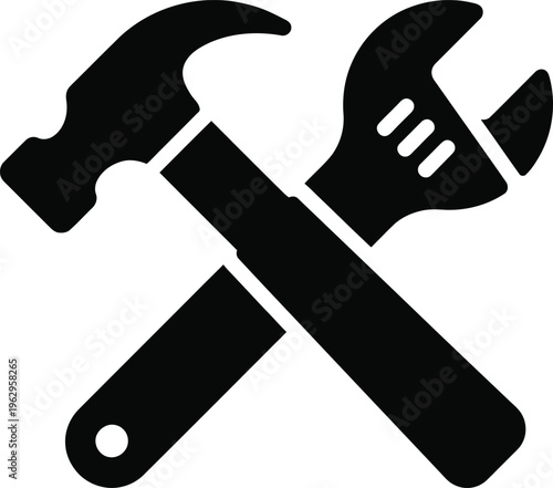Hammer and Wrench Crossed Icon ? Black Tool Symbol Vector Illustration.eps