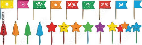 Web Mexican Fiesta Party Toothpick Toppers Vector Set - Colorful Papel Picado Flags and Star Food Picks Isolated on White Background