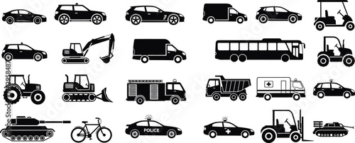 Collection of various vehicles and heavy machinery silhouettes