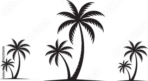 Black palm tree icons, tropical tree silhouettes, vector palm trees, landscape design elements