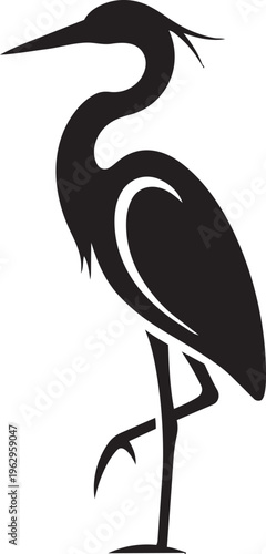 This image is a stylized silhouette of a Heron These birds are long-legged, long-necked coastal and freshwater birds found all over the world.  isolated on a white background